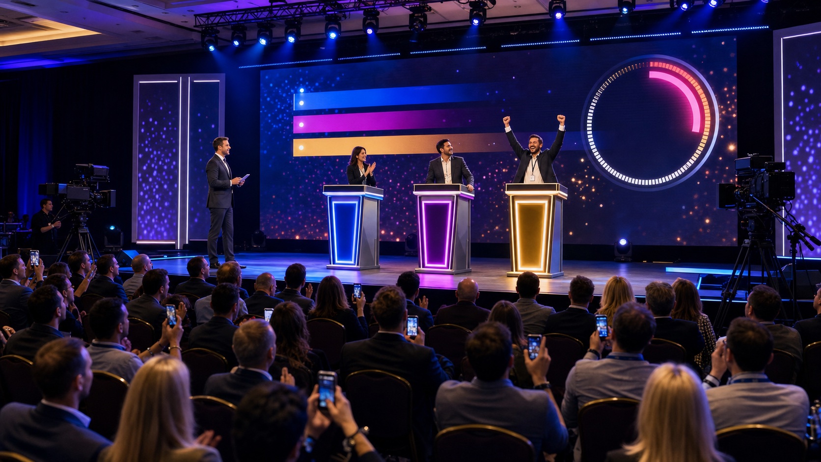 Host-led corporate game show with illuminated podiums, audience and live scoreboard