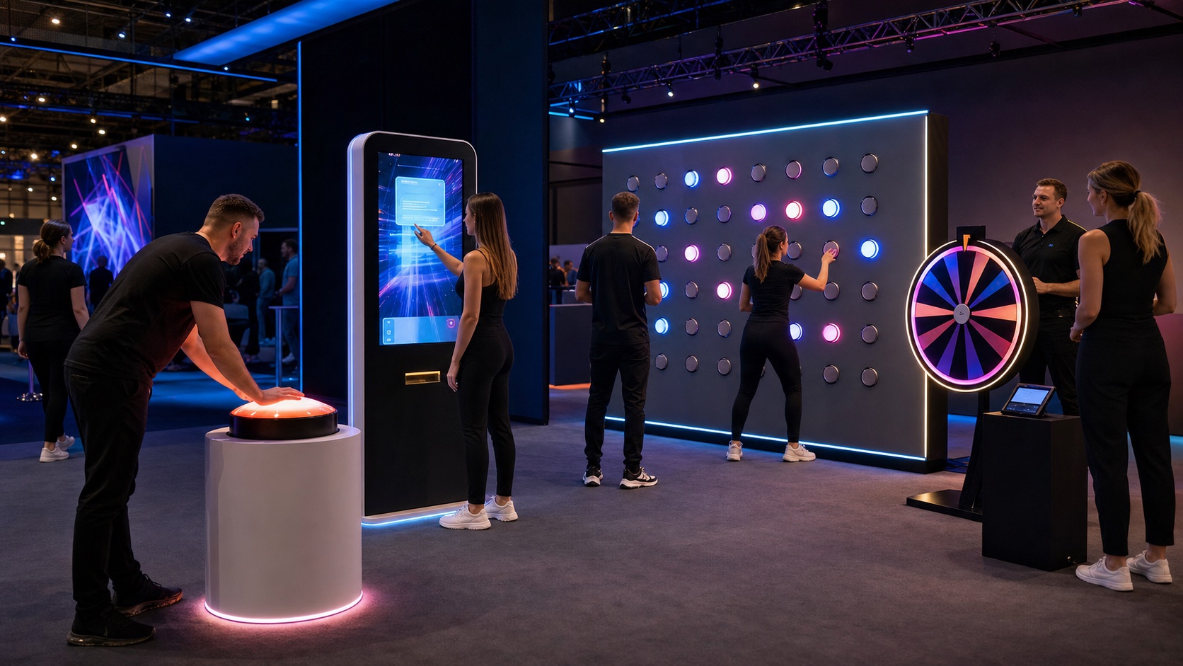 Interactive exhibition zone with giant buzzer, touchscreen, reaction wall and prize wheel