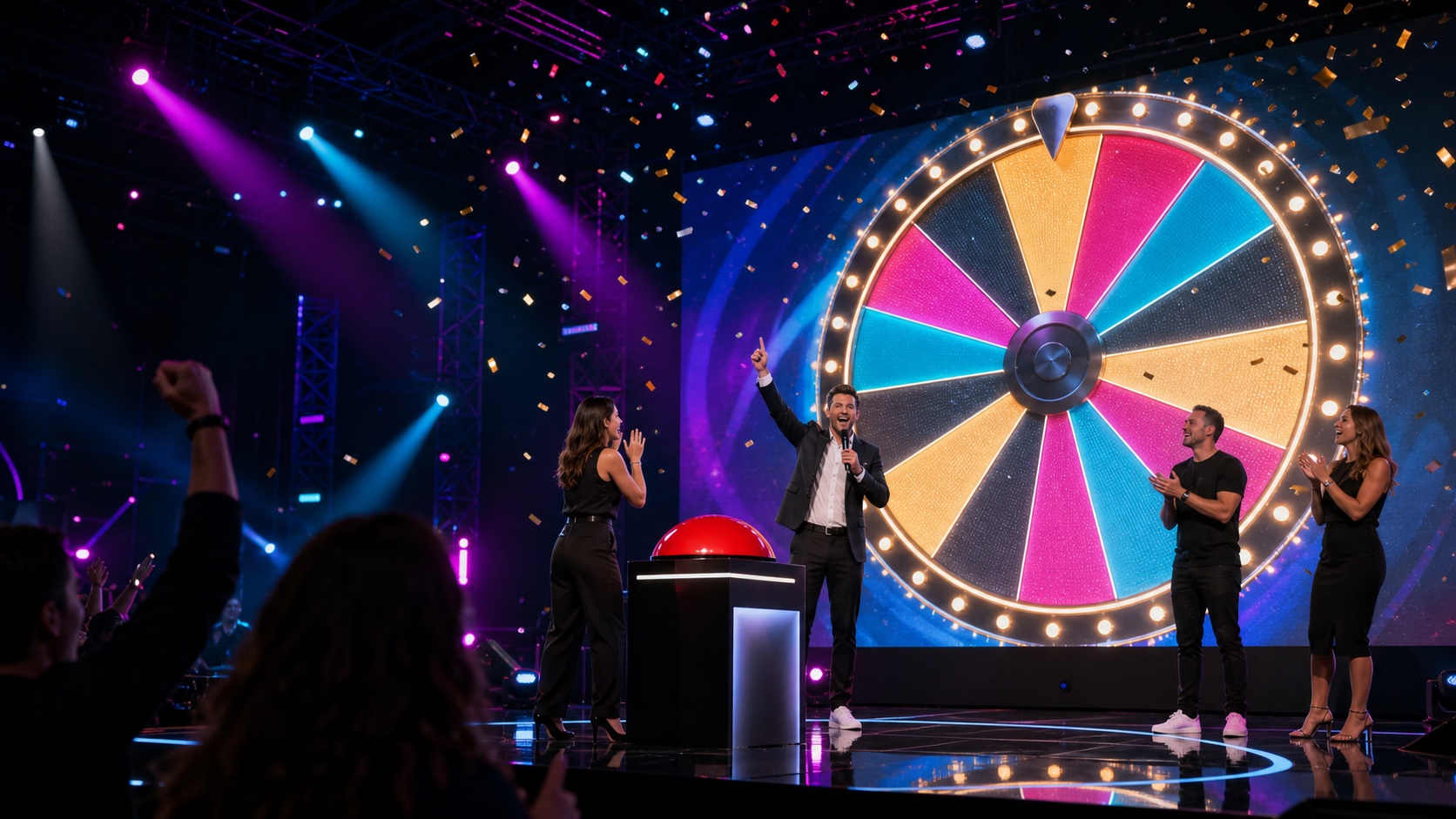 Interactive prize-wheel and giant-button brand activation on a live event stage
