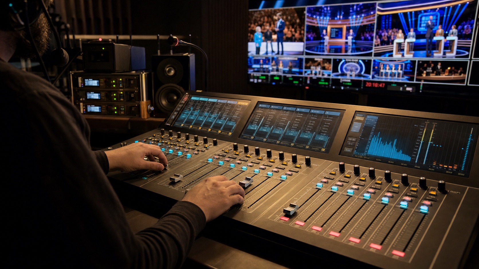 Professional digital audio desk controlling a live television production