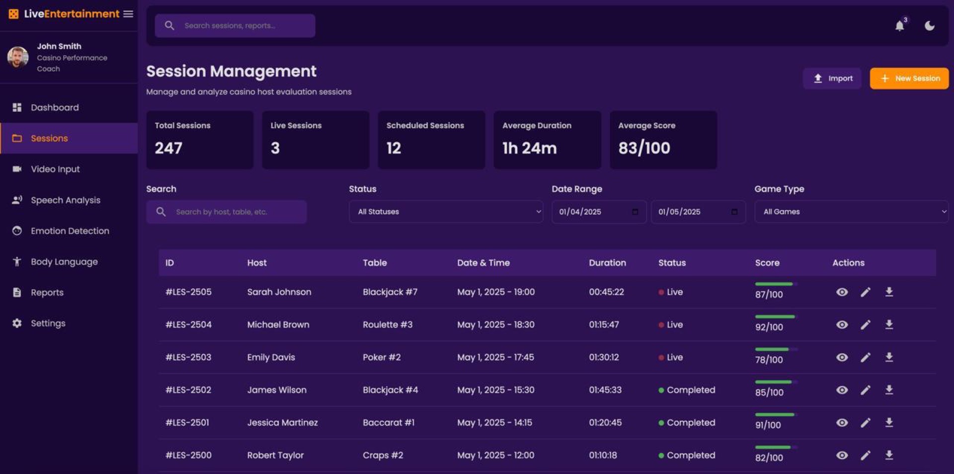 Live studio management system dashboard with real-time gaming operations data