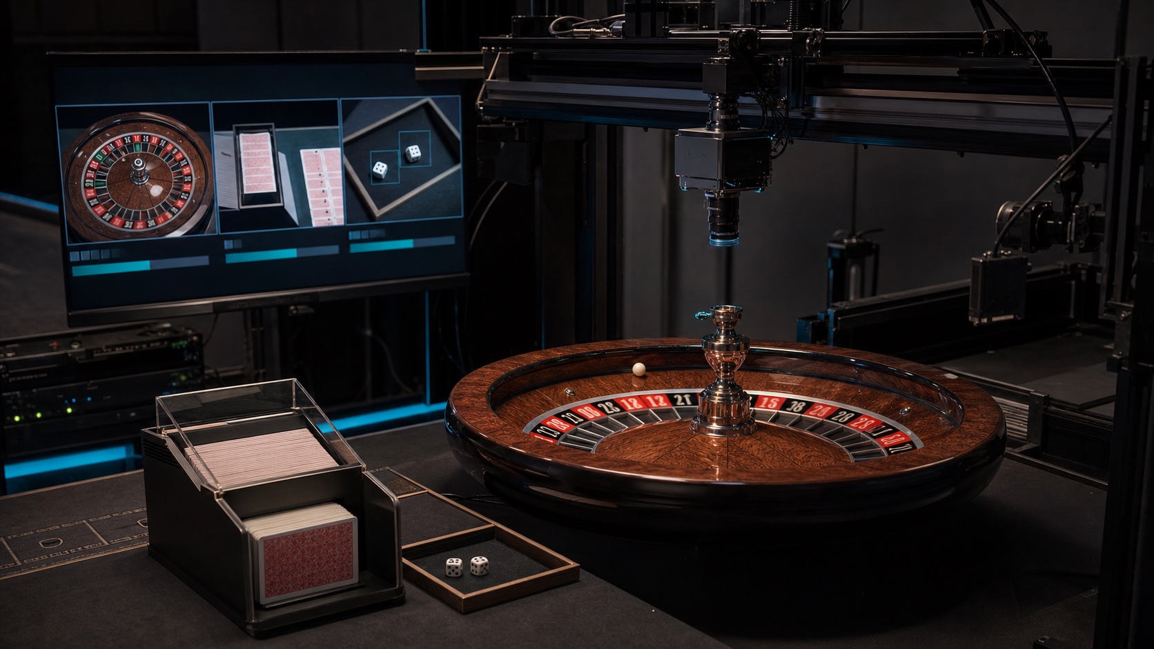 Computer-vision calibration lab with a physical roulette wheel, card shoe, dice tray and overhead camera system