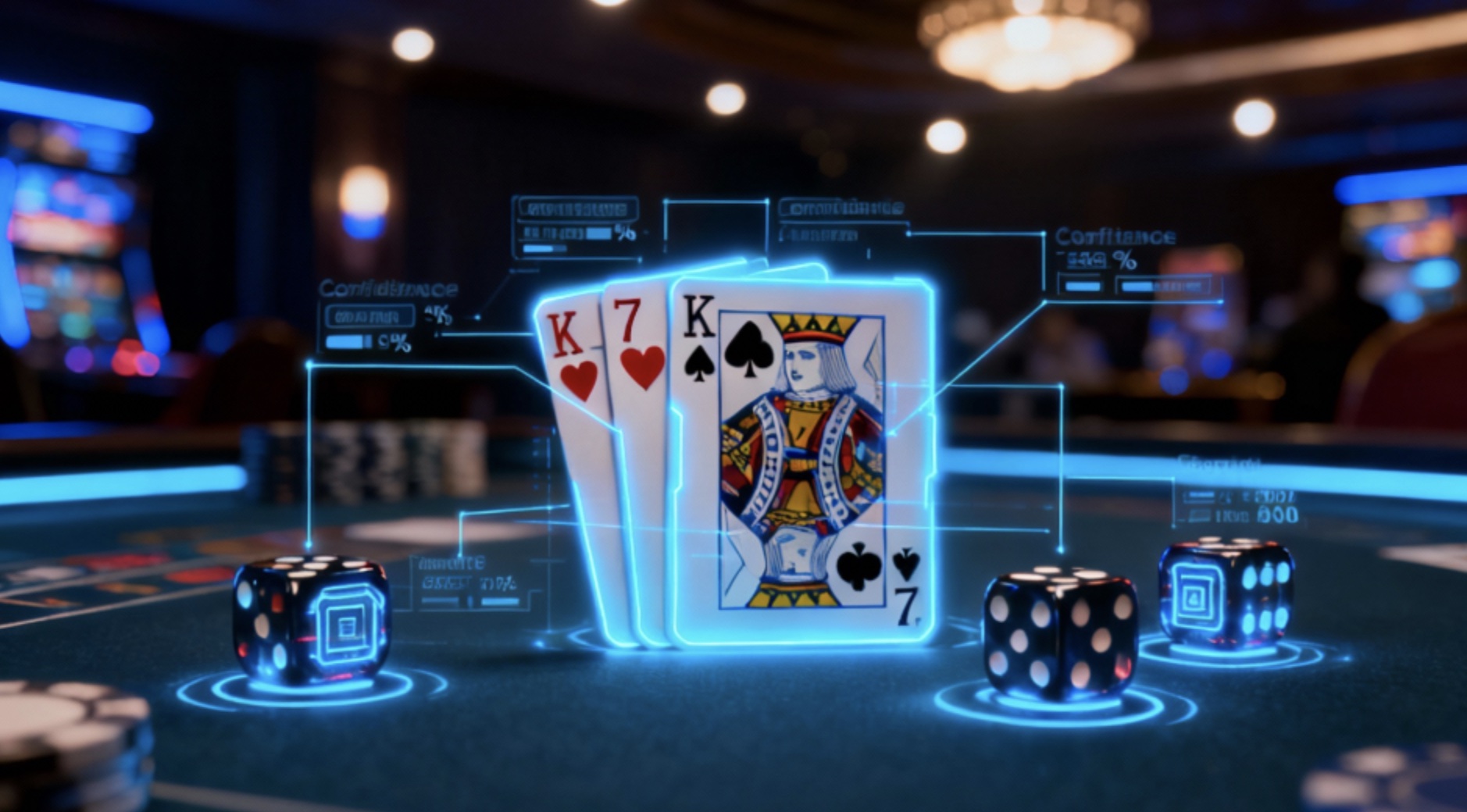 AI-powered recognition identifying playing cards and dice in a live gaming environment